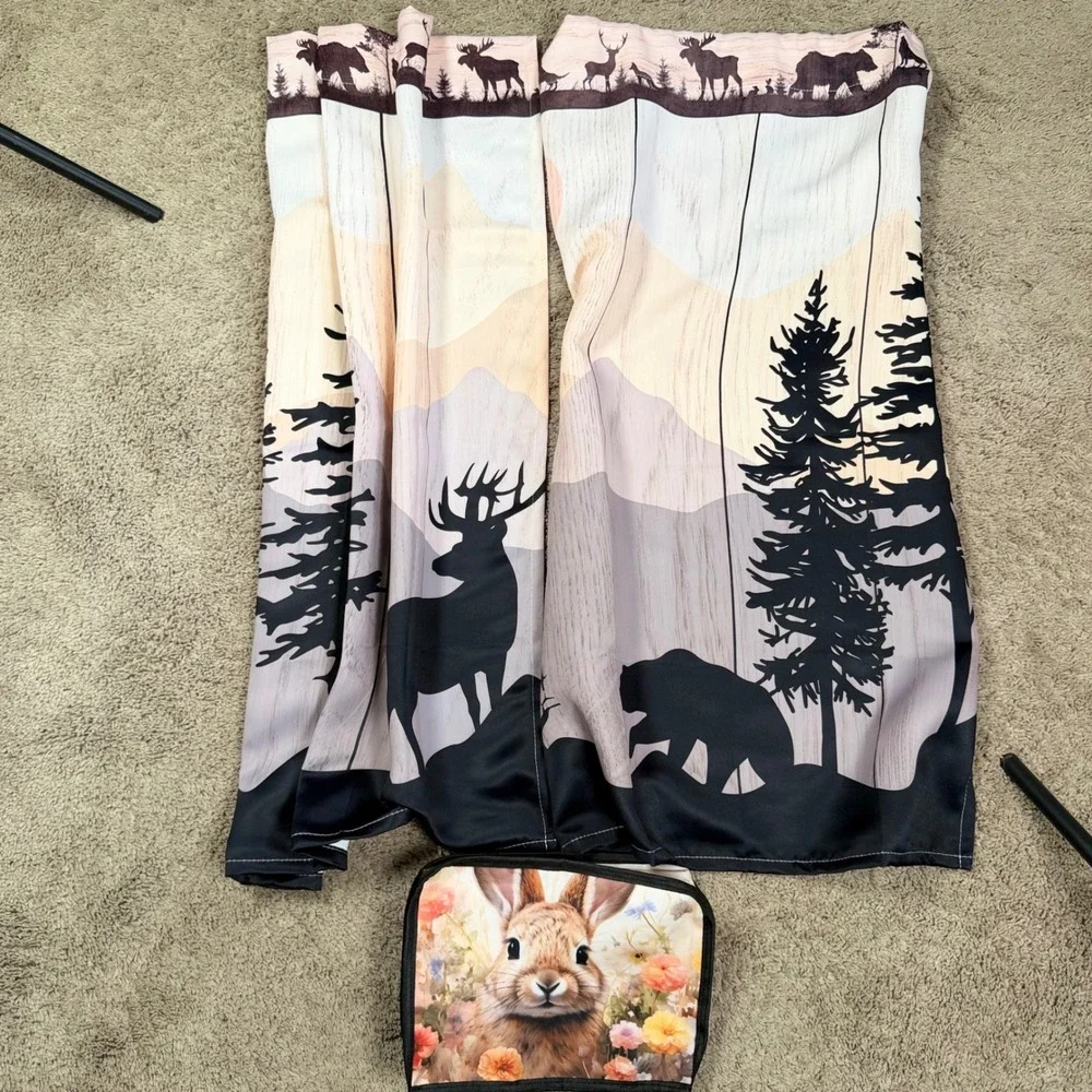 Rustic Wildlife Mountain Scene Window Curtains 28x36 Rabbit Floral Toaster Cover